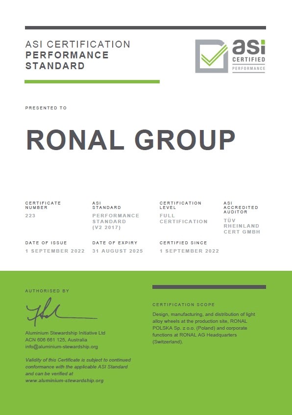 ASI Certifies RONAL GROUP Against Performance Standard Certification