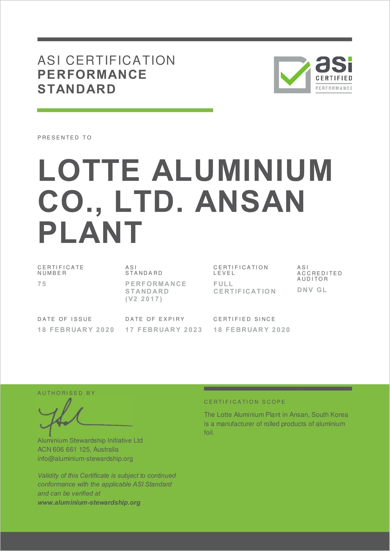 Lotte Aluminium bags ASI Performance Standard Certification for its rolling facility in Ansan