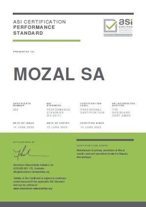 ASI certifies Mozal’s Maputo aluminium smelter against Performance Standard Certification