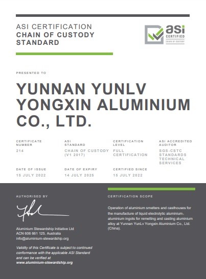 ASI grants Chain of Custody Standard certification to Yunnan YunLv Yongxin Aluminium Co., Ltd. 