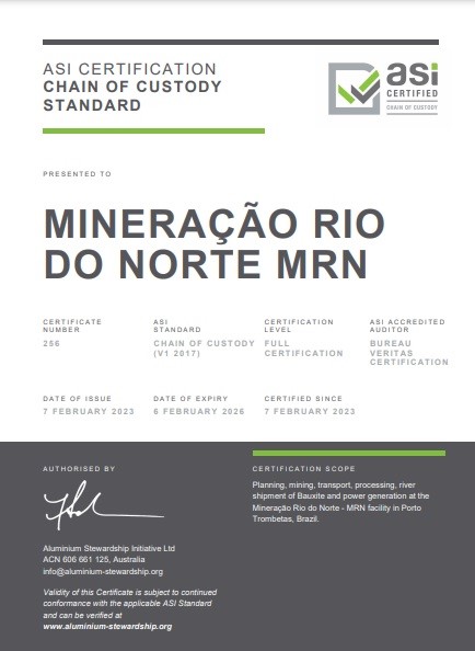 Mineração Rio do Norte in Brazil receives the ASI Chain of Custody Standard Certification