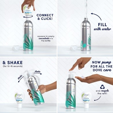 Dove body wash in reusable aluminium bottles and HDPE packaging