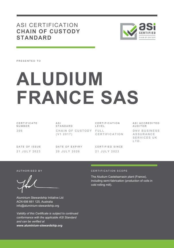 Aludium’s cold rolling mill in France receives the ASI Chain of Custody Standard Certification