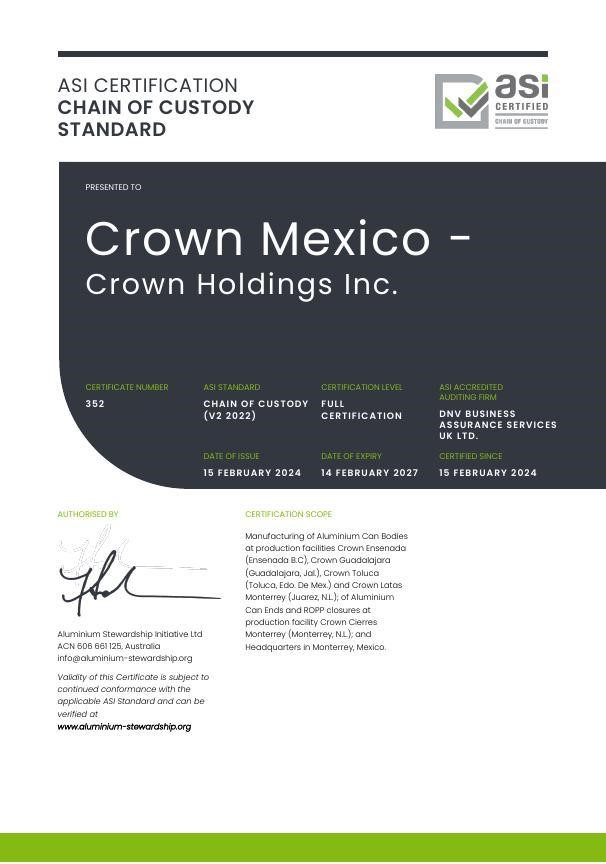 Crown Holdings’ beverage can production facilities in Mexico bag ASI Chain of Custody Standard certification