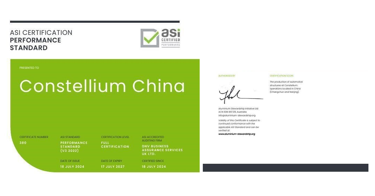 Constellium bags ASI Performance Standard Certification for aluminium automotive structure manufacturing