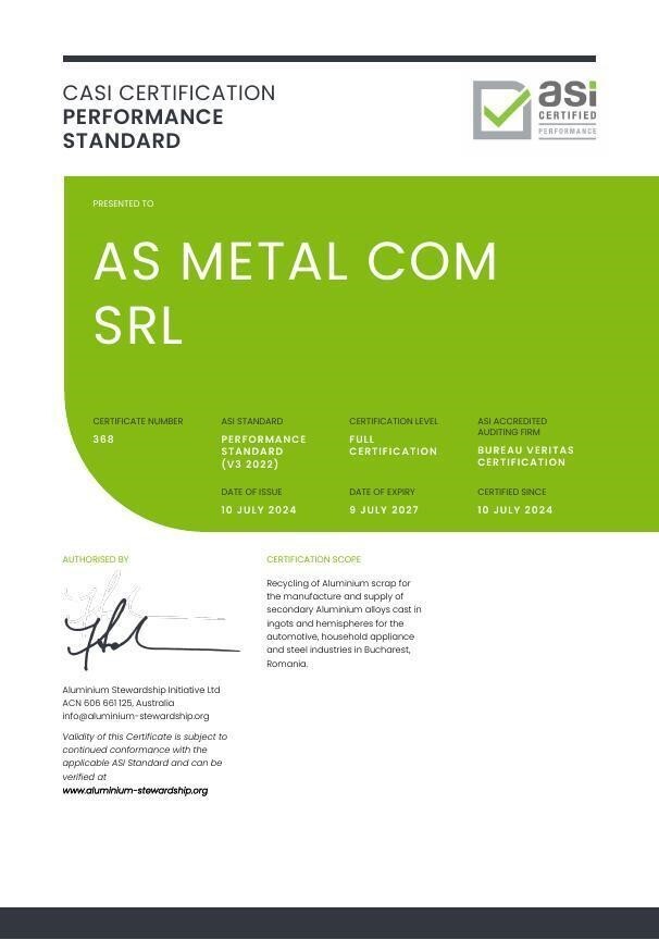 ASI grants AS METAL COM SRL with Performance Standard Certification for recycling aluminium scrap 