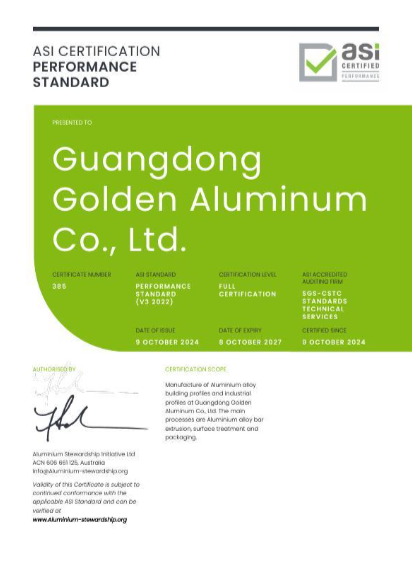 ASI accredits Guangdong Golden Aluminum with the Performance Standard V3 (2022) Certification