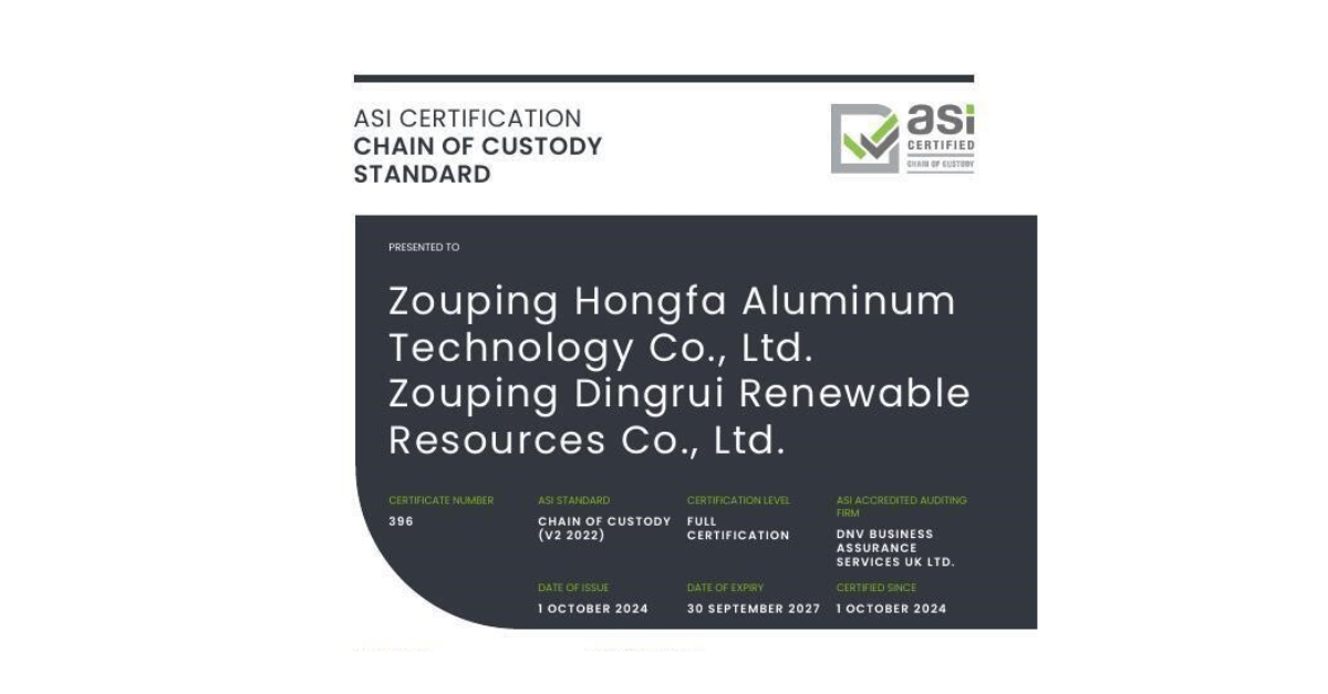 China Hongqiao Group bags ASI Certification for high-precision aluminium sheet production and metal waste treatment