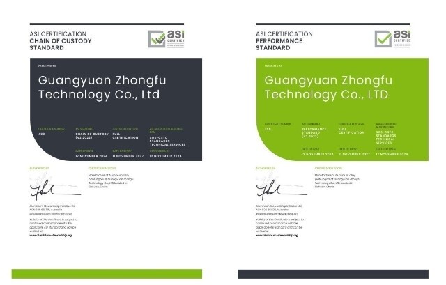 Guangyuan Zhongfu Technology acquires the ASI dual certification for its facility in Sichuan