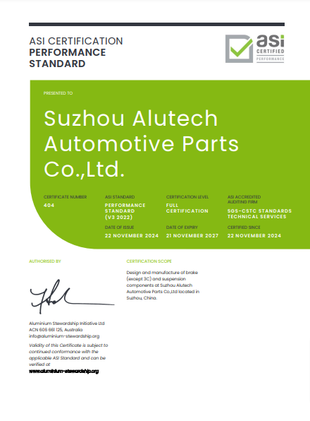 ASI accredits Alutech Automotive Parts with the Performance Standard V3 (2022) certification