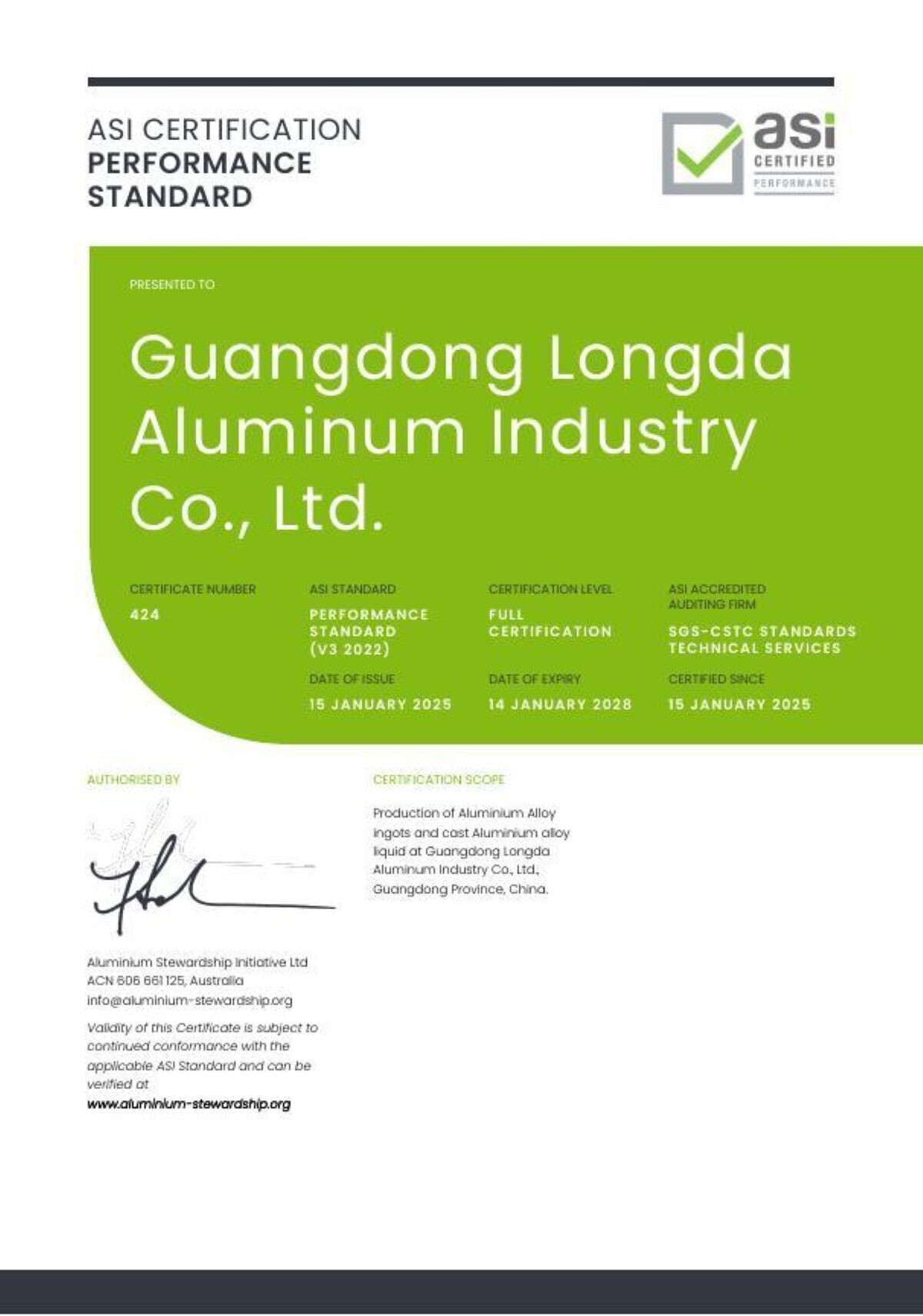 ASI accredits Lizhong Group with the Performance Standard V3 (2022) certification